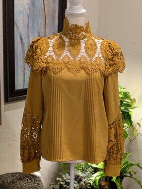 Women's Mustard Lace High-Neck Blouse